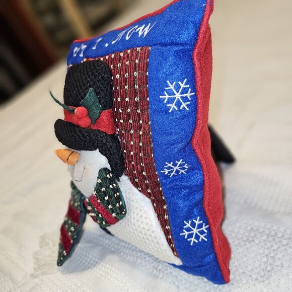 Vintage Quilted Snowman Throw Pillow Crochet Outfit Christmas Decor Let It Snow - Picture 4 of 13
